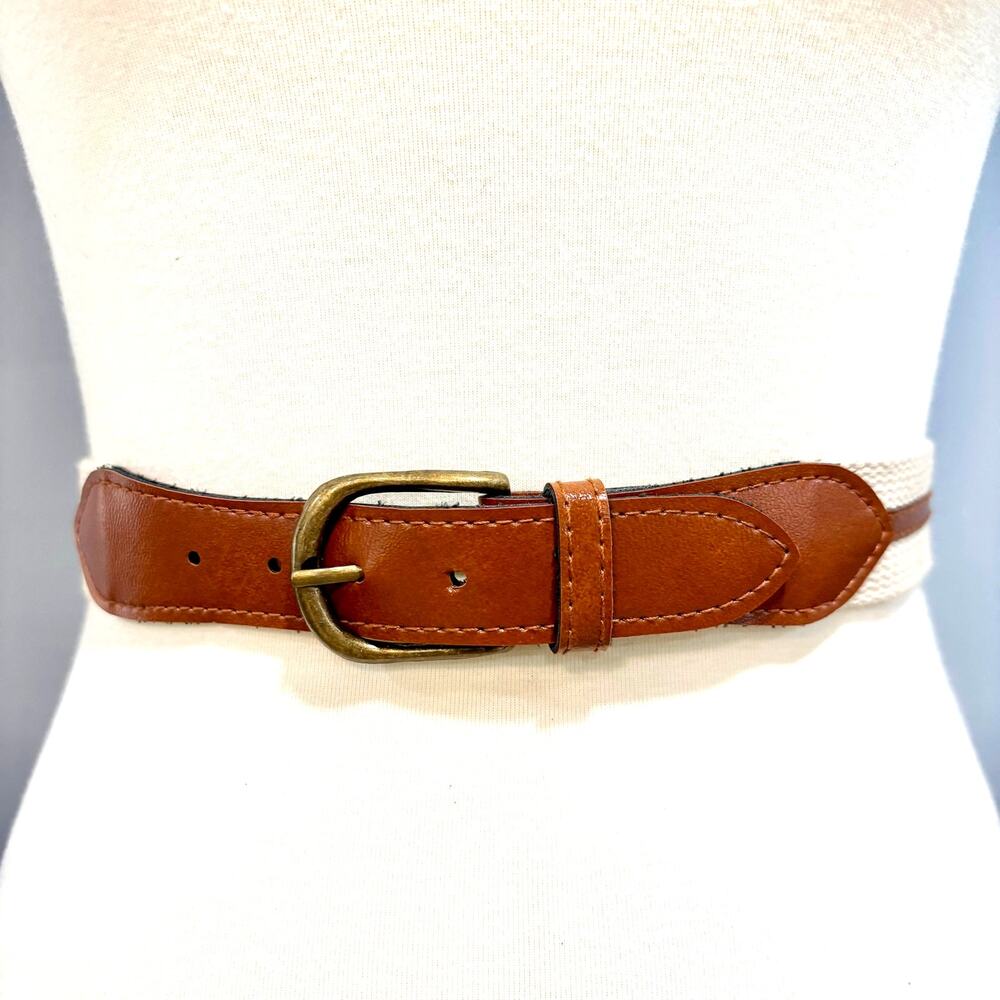 VTG Boho Striped Woven Cream Cotton Tan Leather Belt Coastal Preppy Utility S